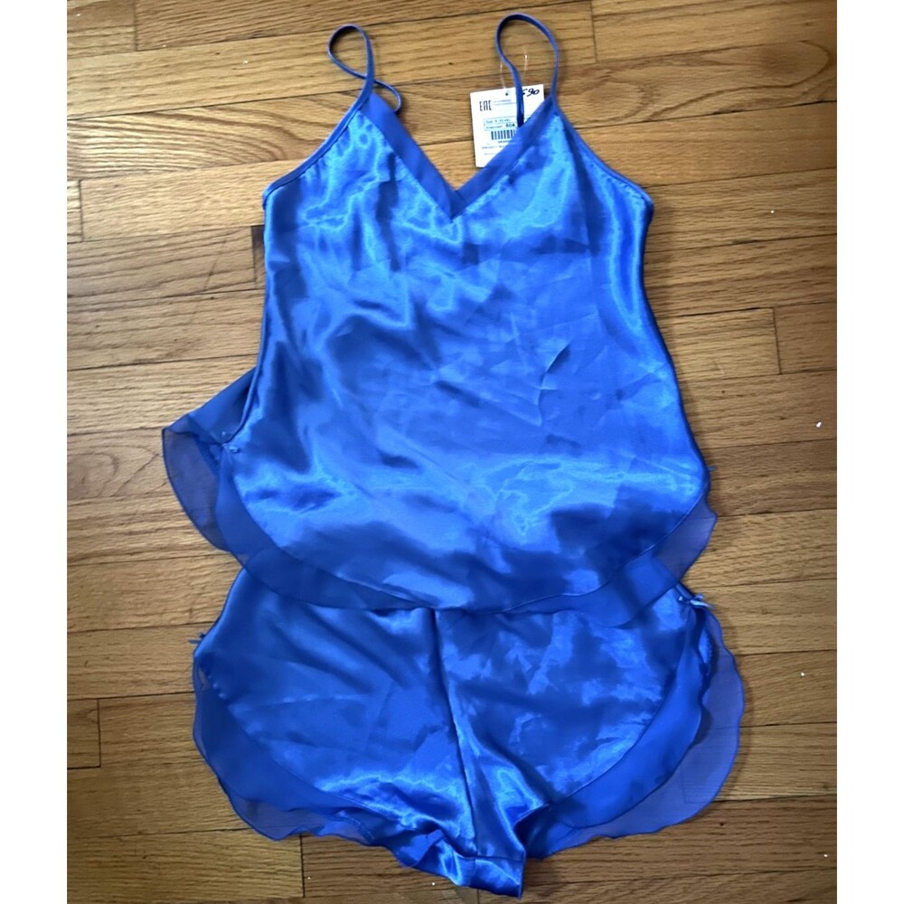 Womens 2XS Blue Silky Satin Cami Shorts Elegant Pajama Set Mesh Trim 2Pc Lounge